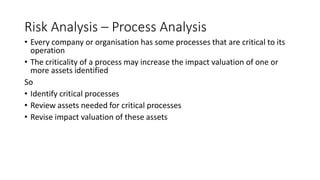 Risk Analysis – Process Analysis
• Every company or organisation has some processes that are critical to its
operation
• The criticality of a process may increase the impact valuation of one or
more assets identified
So
• Identify critical processes
• Review assets needed for critical processes
• Revise impact valuation of these assets
 