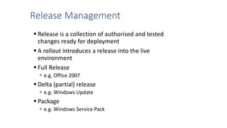 Release Management
 Release is a collection of authorised and tested
changes ready for deployment
 A rollout introduces a release into the live
environment
 Full Release
 e.g. Office 2007
 Delta (partial) release
 e.g. Windows Update
 Package
 e.g. Windows Service Pack
 