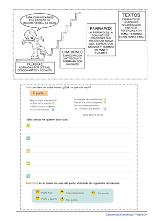 Secuencias Didácticas / Página 24
1
1
2
3
4
5
2
3
5
Leé con atención estos versos. ¿Qué te querrán decir?
Identificá en el poema los usos del punto, utilizando las siguientes referencias:
Estos versos me quieren decir que:
El punto
Hay un signo muy sencillo
al final de la oración.
Señalar pausas extensas
es su única misión.
Va después de abreviaturas.
Tres en fila crean suspenso...
Dos en encabezamientos.
-Sr.: ¡Déjeme que pienso!
Silvia Beatriz Zurdo
Punto final
Punto y aparte
Punto abreviatura
Tres puntos
Dos puntos
4
 
