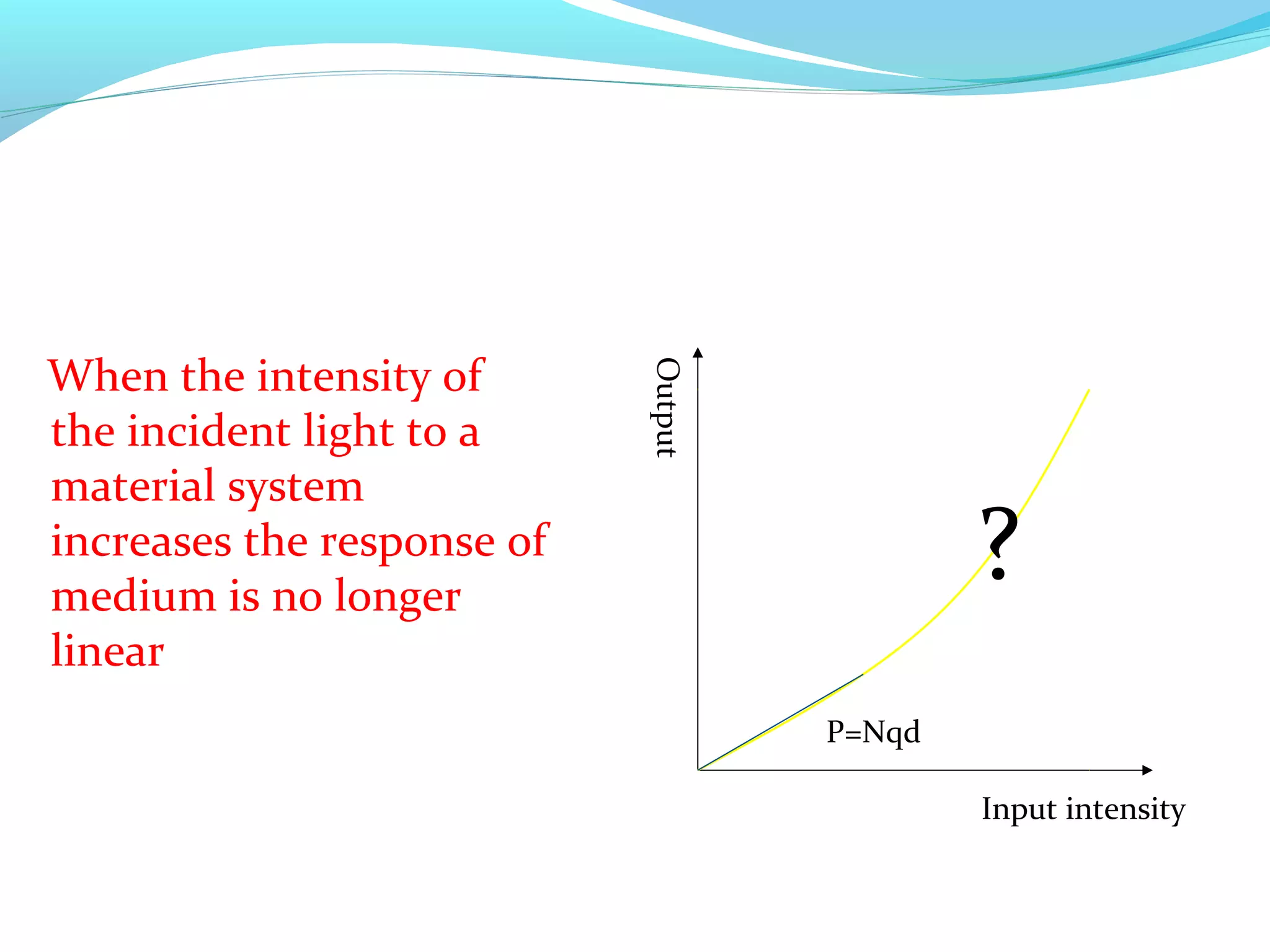 When the intensity of




                            Output
the incident light to a
material system
increases the response of
medium is no longer
                                             ?
linear
                                     P=Nqd

                                             Input intensity
 