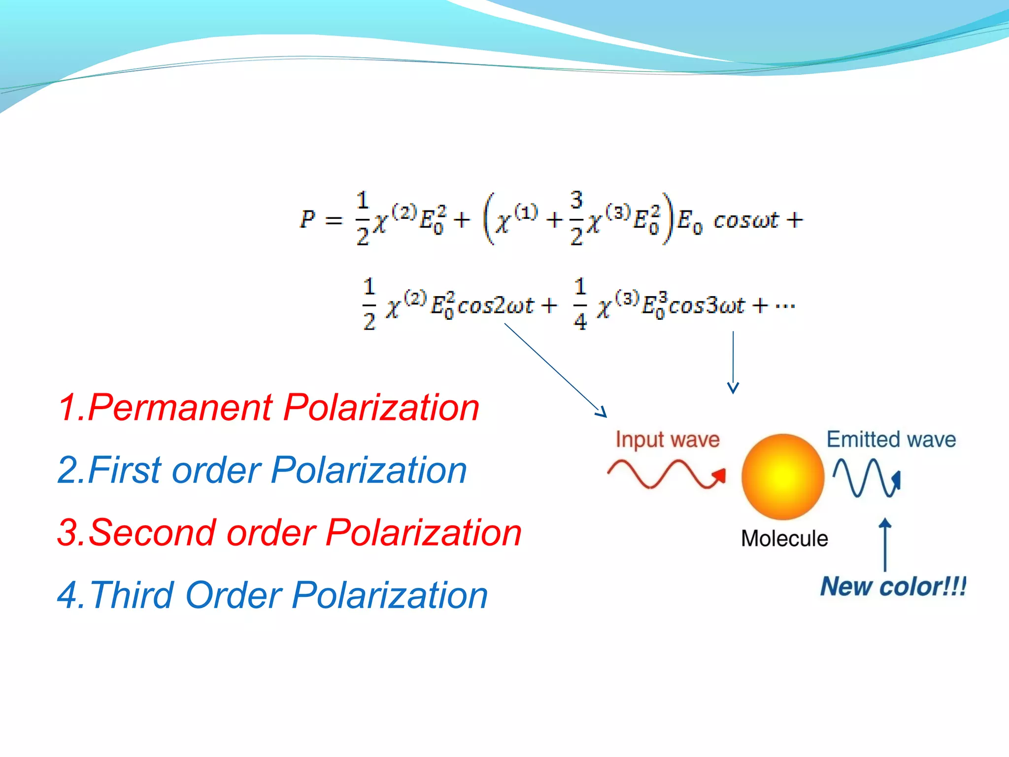 1.Permanent Polarization
2.First order Polarization
3.Second order Polarization
4.Third Order Polarization
 