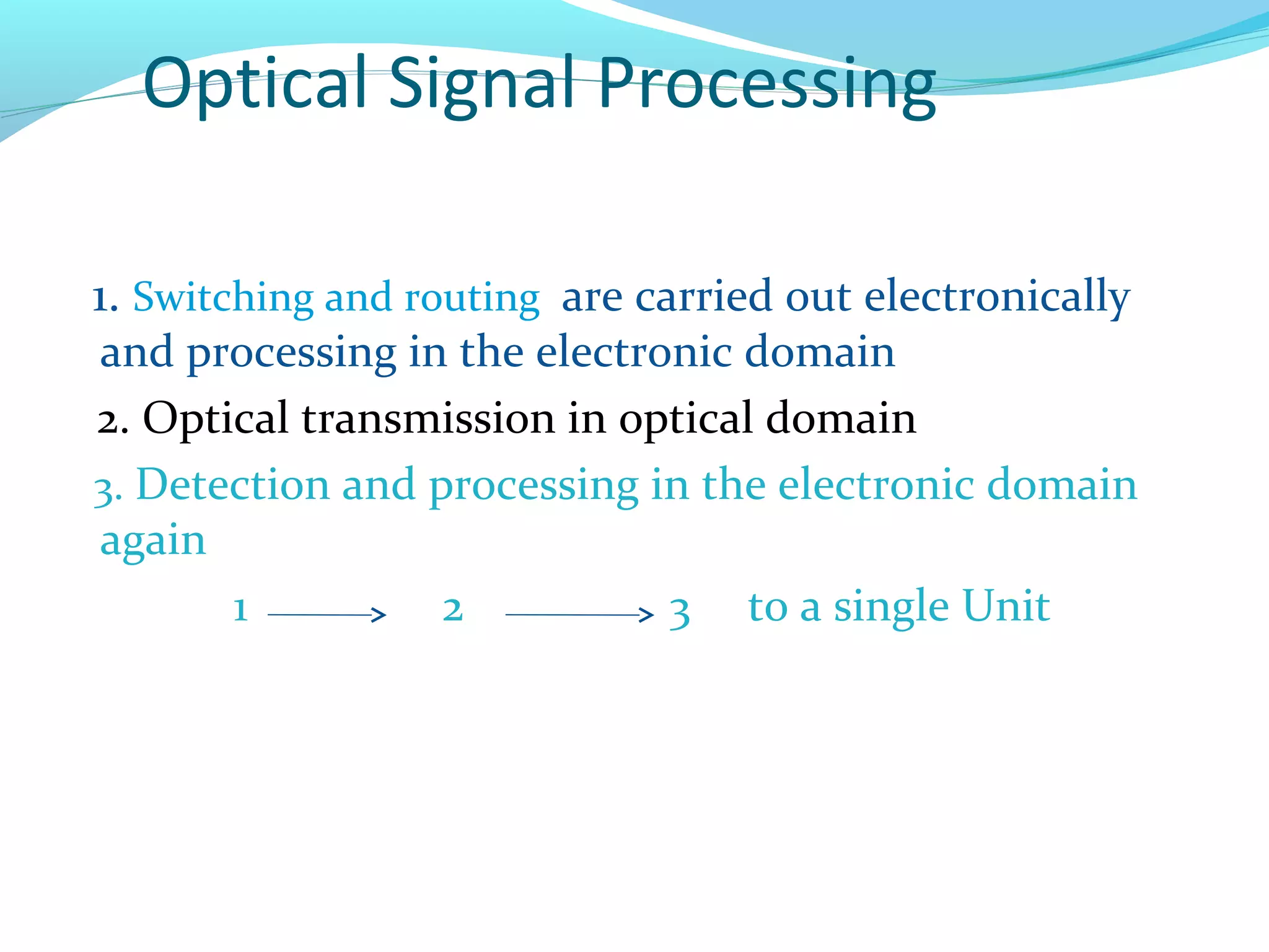 Optical Signal Processing

1. Switching and routing are carried out electronically
and processing in the electronic domain
2. Optical transmission in optical domain
3. Detection and processing in the electronic domain
again
       1          2          3 to a single Unit
 