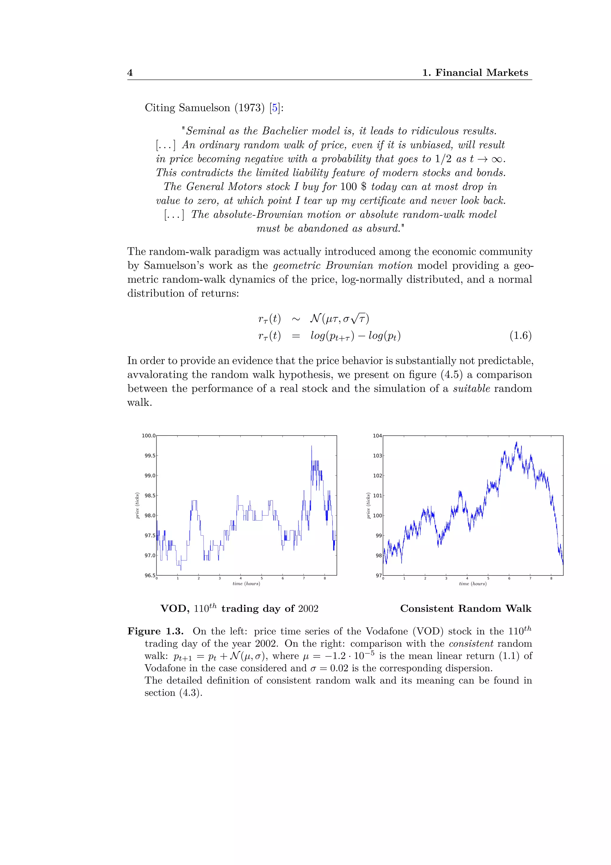 4 1. Financial Markets
Citing Samuelson (1973) [5]:
"Seminal as the Bachelier model is, it leads to ridiculous results.
[. . . ] An ordinary random walk of price, even if it is unbiased, will result
in price becoming negative with a probability that goes to 1/2 as t æ Œ.
This contradicts the limited liability feature of modern stocks and bonds.
The General Motors stock I buy for 100 $ today can at most drop in
value to zero, at which point I tear up my certiﬁcate and never look back.
[. . . ] The absolute-Brownian motion or absolute random-walk model
must be abandoned as absurd."
The random-walk paradigm was actually introduced among the economic community
by Samuelson’s work as the geometric Brownian motion model providing a geo-
metric random-walk dynamics of the price, log-normally distributed, and a normal
distribution of returns:
r· (t) ≥ N(µ·, ‡
Ô
·)
r· (t) = log(pt+· ) ≠ log(pt) (1.6)
In order to provide an evidence that the price behavior is substantially not predictable,
avvalorating the random walk hypothesis, we present on ﬁgure (4.5) a comparison
between the performance of a real stock and the simulation of a suitable random
walk.
VOD, 110th
trading day of 2002 Consistent Random Walk
Figure 1.3. On the left: price time series of the Vodafone (VOD) stock in the 110th
trading day of the year 2002. On the right: comparison with the consistent random
walk: pt+1 = pt + N(µ, ‡), where µ = ≠1.2 · 10≠5
is the mean linear return (1.1) of
Vodafone in the case considered and ‡ = 0.02 is the corresponding dispersion.
The detailed deﬁnition of consistent random walk and its meaning can be found in
section (4.3).
 