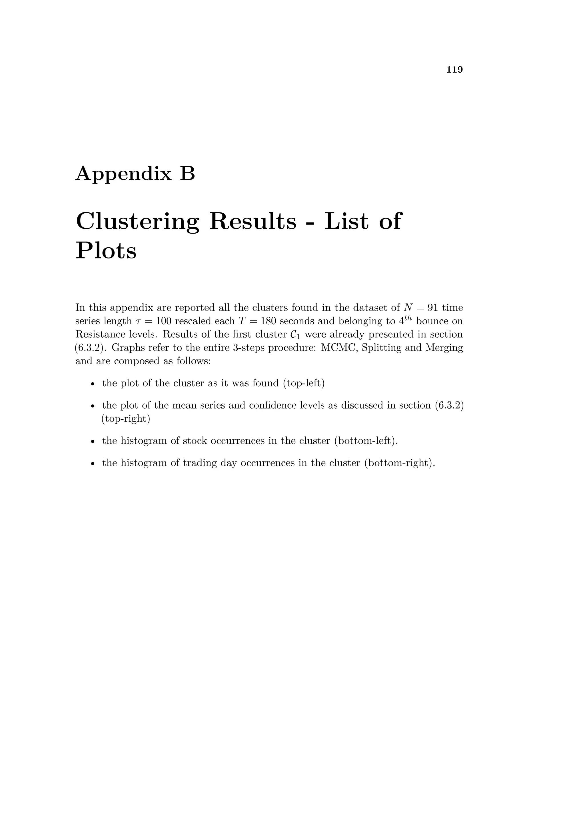 119
Appendix B
Clustering Results - List of
Plots
In this appendix are reported all the clusters found in the dataset of N = 91 time
series length · = 100 rescaled each T = 180 seconds and belonging to 4th bounce on
Resistance levels. Results of the ﬁrst cluster C1 were already presented in section
(6.3.2). Graphs refer to the entire 3-steps procedure: MCMC, Splitting and Merging
and are composed as follows:
• the plot of the cluster as it was found (top-left)
• the plot of the mean series and conﬁdence levels as discussed in section (6.3.2)
(top-right)
• the histogram of stock occurrences in the cluster (bottom-left).
• the histogram of trading day occurrences in the cluster (bottom-right).
 