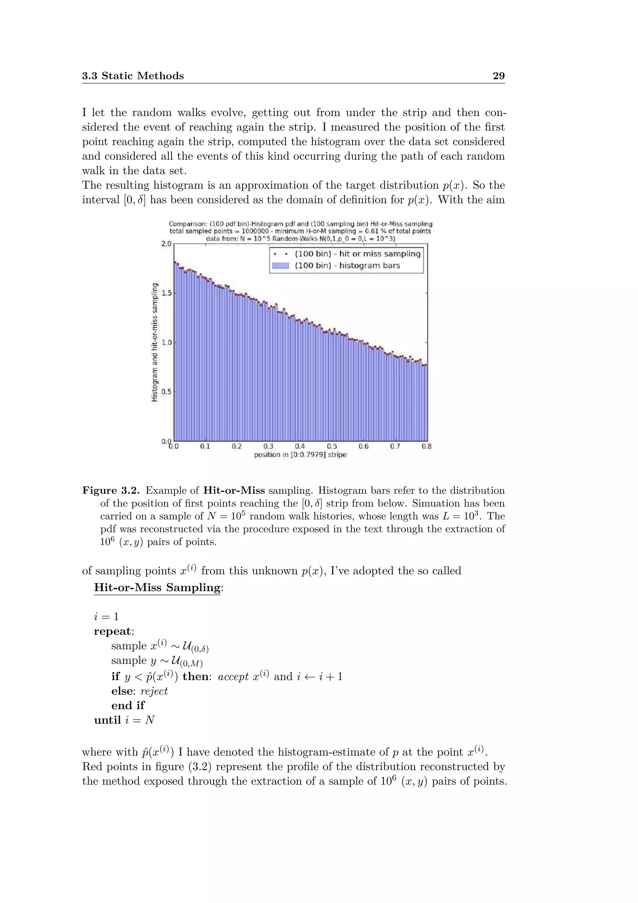 3.3 Static Methods 29
I let the random walks evolve, getting out from under the strip and then con-
sidered the event of reaching again the strip. I measured the position of the ﬁrst
point reaching again the strip, computed the histogram over the data set considered
and considered all the events of this kind occurring during the path of each random
walk in the data set.
The resulting histogram is an approximation of the target distribution p(x). So the
interval [0, ”] has been considered as the domain of deﬁnition for p(x). With the aim
Figure 3.2. Example of Hit-or-Miss sampling. Histogram bars refer to the distribution
of the position of ﬁrst points reaching the [0, ”] strip from below. Simuation has been
carried on a sample of N = 105
random walk histories, whose length was L = 103
. The
pdf was reconstructed via the procedure exposed in the text through the extraction of
106
(x, y) pairs of points.
of sampling points x(i) from this unknown p(x), I’ve adopted the so called
Hit-or-Miss Sampling:
i = 1
repeat:
sample x(i) ≥ U(0,”)
sample y ≥ U(0,M)
if y < ˆp(x(i)) then: accept x(i) and i Ω i + 1
else: reject
end if
until i = N
where with ˆp(x(i)) I have denoted the histogram-estimate of p at the point x(i).
Red points in ﬁgure (3.2) represent the proﬁle of the distribution reconstructed by
the method exposed through the extraction of a sample of 106 (x, y) pairs of points.
 