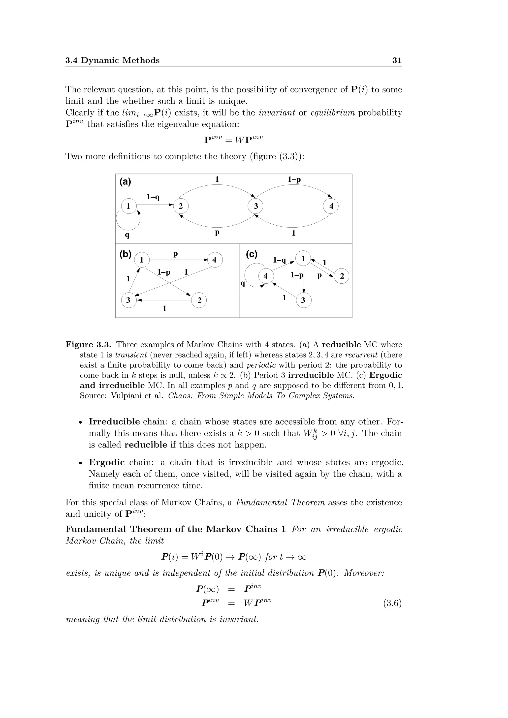 3.4 Dynamic Methods 31
The relevant question, at this point, is the possibility of convergence of P(i) to some
limit and the whether such a limit is unique.
Clearly if the limiæŒP(i) exists, it will be the invariant or equilibrium probability
Pinv
that satisﬁes the eigenvalue equation:
Pinv
= WPinv
Two more deﬁnitions to complete the theory (ﬁgure (3.3)):
e 30, 2009 11:56 World Scientiﬁc Book - 9.75in x 6.5in ChaosSimpleModels
74 Chaos: From Simple Models to Complex Systems
1 2 3
1 p1
4
1
23
4
1
1
1
p
1 p
1
2
3
4
(a)
(c)(b)
p
1
p 1
1 p
1
1 q
q
q
1 q
Fig. B6.2 Three examples of MC with 4 states. (a) Reducible MC where state 1 is transient
and 2, 3, 4 are recurrent and periodic with period 2. (b) Period-3 irreducible MC. (c) Ergodic
irreducible MC. In all examples p, q = 0, 1.
and reducible (decomposable) Markov Chains according to the fact that each state is
accessible from any other or not. The property of being accessible, in practice, means
that there exists a k 1 such that Wk
ij > 0 for each i, j. The notion of irreducibility
is important in virtue of a theorem (see, e.g., Feller, 1968) stating that the states of an
irreducible chain are all of the same kind. Therefore, we shall call a MC ergodic if it is
irreducible and its states are ergodic. Figure B6.1 is an example of ergodic irreducible MC
with two states, other examples of MC are shown in Fig. B6.2.
Consider now an ensemble of random variables all evolving with the same transition
matrix, analogously to what has been done for the logistic map, we can investigate the
evolution of the probability Pj (t) = Prob(Xt = j) to ﬁnd the random variable in state j
at time t. The time-evolution for such a probability is obtained from Eq. (B.6.1):
Pj (t) =
S
k=1
WjkPk(t 1) , (B.6.3)
i.e. the probability to be in j at time t is equal to the probability to have been in k at
t 1 times the probability to jump from k to j summed over all the possible previous
states k. Equation (B.6.3) takes a particularly simple form introducing the column vector
P (t) = (P1(t), .., PS(t)), and using the matrix notation
P (t) = WP (t 1) = P (t) = Wt
P (0) . (B.6.4)
A question of obvious relevance concerns the convergence of the probability vector P (t)
to a certain limit and, if so, whether such a limit is unique. Of course, if such limit exists,
it is the invariant (or equilibrium) probability P inv
that satisﬁes the equation
P inv
= WP inv
, (B.6.5)
Figure 3.3. Three examples of Markov Chains with 4 states. (a) A reducible MC where
state 1 is transient (never reached again, if left) whereas states 2, 3, 4 are recurrent (there
exist a ﬁnite probability to come back) and periodic with period 2: the probability to
come back in k steps is null, unless k Ã 2. (b) Period-3 irreducible MC. (c) Ergodic
and irreducible MC. In all examples p and q are supposed to be di erent from 0, 1.
Source: Vulpiani et al. Chaos: From Simple Models To Complex Systems.
• Irreducible chain: a chain whose states are accessible from any other. For-
mally this means that there exists a k > 0 such that Wk
ij > 0 ’i, j. The chain
is called reducible if this does not happen.
• Ergodic chain: a chain that is irreducible and whose states are ergodic.
Namely each of them, once visited, will be visited again by the chain, with a
ﬁnite mean recurrence time.
For this special class of Markov Chains, a Fundamental Theorem asses the existence
and unicity of Pinv
:
Fundamental Theorem of the Markov Chains 1 For an irreducible ergodic
Markov Chain, the limit
P(i) = Wi
P(0) æ P(Œ) for t æ Œ
exists, is unique and is independent of the initial distribution P(0). Moreover:
P(Œ) = Pinv
Pinv
= WPinv
(3.6)
meaning that the limit distribution is invariant.
 