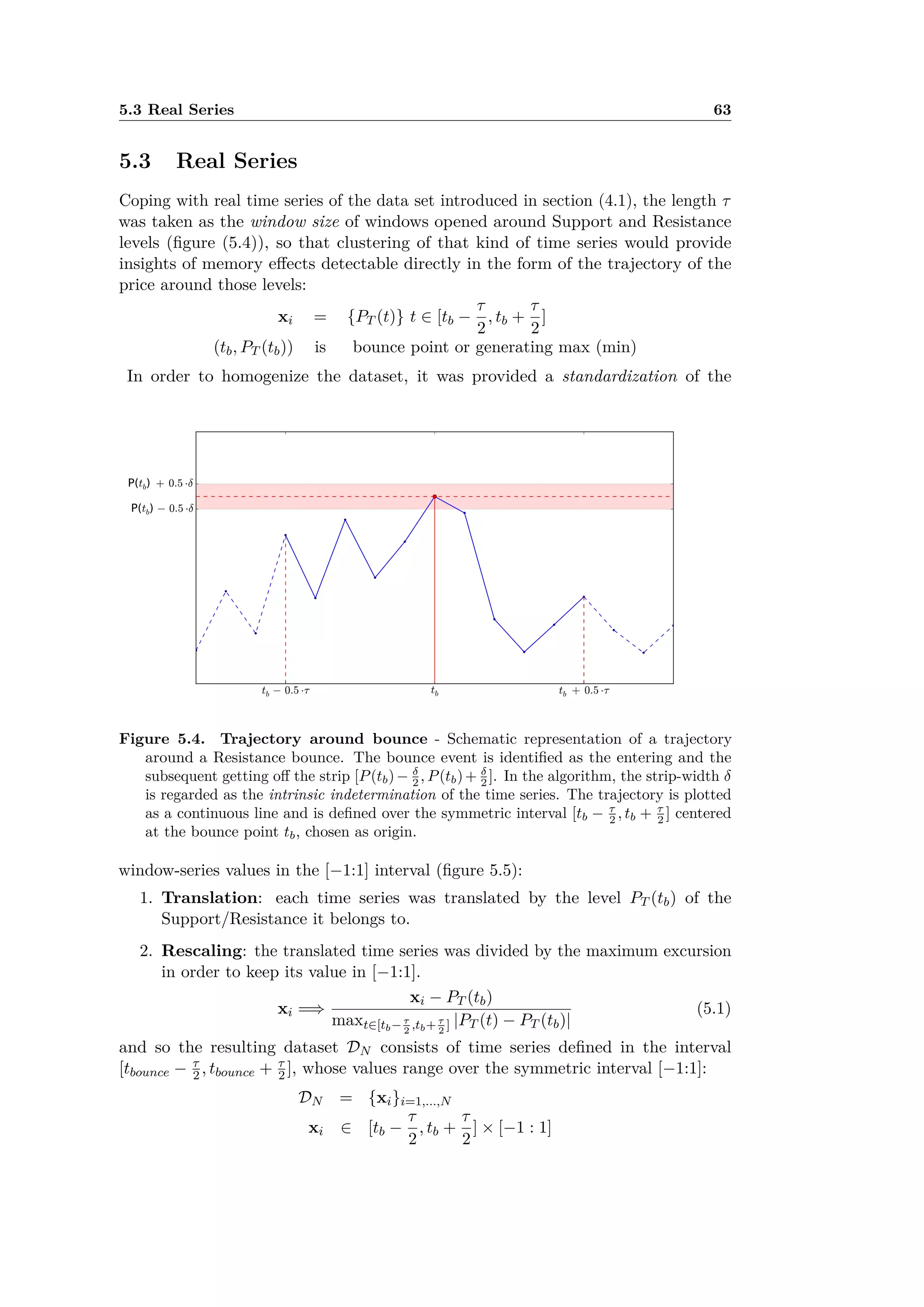 5.3 Real Series 63
5.3 Real Series
Coping with real time series of the data set introduced in section (4.1), the length ·
was taken as the window size of windows opened around Support and Resistance
levels (ﬁgure (5.4)), so that clustering of that kind of time series would provide
insights of memory e ects detectable directly in the form of the trajectory of the
price around those levels:
xi = {PT (t)} t œ [tb ≠
·
2
, tb +
·
2
]
(tb, PT (tb)) is bounce point or generating max (min)
In order to homogenize the dataset, it was provided a standardization of the
Figure 5.4. Trajectory around bounce - Schematic representation of a trajectory
around a Resistance bounce. The bounce event is identiﬁed as the entering and the
subsequent getting o the strip [P(tb)≠ ”
2 , P(tb)+ ”
2 ]. In the algorithm, the strip-width ”
is regarded as the intrinsic indetermination of the time series. The trajectory is plotted
as a continuous line and is deﬁned over the symmetric interval [tb ≠ ·
2 , tb + ·
2 ] centered
at the bounce point tb, chosen as origin.
window-series values in the [≠1:1] interval (ﬁgure 5.5):
1. Translation: each time series was translated by the level PT (tb) of the
Support/Resistance it belongs to.
2. Rescaling: the translated time series was divided by the maximum excursion
in order to keep its value in [≠1:1].
xi =∆
xi ≠ PT (tb)
maxtœ[tb≠ ·
2
,tb+ ·
2
] |PT (t) ≠ PT (tb)|
(5.1)
and so the resulting dataset DN consists of time series deﬁned in the interval
[tbounce ≠ ·
2 , tbounce + ·
2 ], whose values range over the symmetric interval [≠1:1]:
DN = {xi}i=1,...,N
xi œ [tb ≠
·
2
, tb +
·
2
] ◊ [≠1 : 1]
 