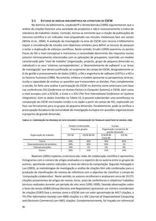 86
5.1 ESTUDOS DE ANÁLISE BIBLIOMÉTRICA NA LITERATURA DE CSCW
No domínio da bibliometria, Leydesdorff e Amsterdamska (1990) argumentaram que a
análise de citações favorece uma variedade de propósitos e não é necessariamente o índice de
relevância de trabalhos citados. Contudo, tornou-se eminente que a citação de publicações de
natureza científica é um indicador mais enquadrado nos vínculos intelectuais face aos sociais
(White et al., 2004). A avaliação da investigação na área de CSCW com recurso à bibliometria
requer a consideração de estudos com objectivos similares para definir as lacunas de pesquisa
e evitar a duplicação de esforços científicos. Neste sentido, Grudin (1994) examinou os pontos
fracos da OA a nível conceptual e mencionou a necessidade decorrente dos requisitos sociais
estarem intrinsecamente relacionados com as aplicações de groupware, inserindo um modelo
caracterizado pelo ‘nível de trabalho’ (organização, projecto, grupo de pequena dimensão ou
individual) e os seus ‘sistemas correspondentes’, o ‘desenvolvimento de software’ e as ‘áreas
de investigação’ que deram justificação ao surgimento do campo de CSCW, designadamente os
SI de gestão e processamento de dados (1965), a OA e engenharia de software (1975) e a HCI e
os factores humanos (1980). No entanto, embora o modelo apresente as perspectivas centrais,
oculta a capacidade de analisar as questões que transcendem as divisões. Para complementar
o estudo, foi feita uma análise à participação do CSCW no domínio norte-americano com base
nas conferências CHI (Conference on Human Factors in Computer Systems) e CSCW, bem como
a nível europeu com a ECSCW, a Crete e a ICIS (The First International Conference on Systems
Integration). Com os dados inseridos na Tabela 15, é possível subentender uma semelhança na
composição do CSCW nos Estados Unidos e no Japão a partir do campo de HCI, explicando um
foco nas ferramentas para os grupos de pequena dimensão. Paralelamente, pode-se verificar a
preocupação duradoura da comunidade de investigação europeia em questões organizacionais
e projectos de grande dimensão.
TABELA 15. COMPARAÇÃO DA PRESENÇA DE CSCW SEGUNDO A ORGANIZAÇÃO DO TRABALHO (ADAPTADO DE GRUDIN, 1994)
Estados Unidos/Japão
Pequenos grupos
Europa
Organização e projectos de
grande dimensão
Organização do trabalho CHI 90 CSCW 86-90 ECSCW 89
Crete 90
ICIS 90
Teoria 40% 30% 70% 85%
Desenvolvimento de produtos 30% 40% 10% 1%
Telecomunicações 10% 7% 5% 0%
Outros 20% 23% 15% 14%
Newman (2001) explorou a estrutura das redes de colaboração científica e apresentou
histogramas com o número de artigos analisados e o espectro de co-autoria entre os grupos de
autores, apontando valores reduzidos na área da ciência da computação. Segundo Holsapple e
Luo (2003), as metodologias de investigação e análise de citações têm sido combinadas para a
produção de classificações de revistas de referência com o objectivo de classificar o campo da
‘computação colaborativa’. Neste sentido, os autores recolheram e analisaram cerca de 19.271
citações provenientes de artigos de revista, livros, actas de conferências e relatórios/ trabalhos
técnicos realizados durante um período de oito anos (1992-1999), fazendo observações sobre
o facto da revista GD&N (Group Decision and Negotiation) apresentar um número considerável
de citações (5587) face a revistas como a JCSCW com um valor aproximado de 4417 citações, a
TIS (The Information Society) com 4866 citações e o JOC (Journal of Organizational Computing
and Electronic Commerce) com 4401 citações. Complementarmente, foi traçado um referencial
 