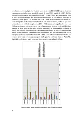98
amostras comparativas, é possível visualizar que a conferência ECSCW (2003) apresenta o nível
mais elevado de citações por artigo obtido a partir do portal ACM, seguida da ECSCW (2005) e,
num plano muito próximo, aparece a GROUP (2007) e a CSCW (2008). No caso da análise sobre
os dados do índice fornecido pelo WoS, verifica-se uma média de citações mais acentuada na
conferência CRIWG (2007) e na revista JCSCW (2009 e 2008, respectivamente). Ao analisar-se a
envolvente global dos dados obtidos neste estudo com maior pormenor, verifica-se que existe
um decréscimo na média de citações entre 2003 e 2005 no caso do Google Scholar, mas o ano
2006 apresenta um crescimento enorme mas volta a decrescer posteriormente até 2010. Com
a análise ao portal ACM, verifica-se um aumento nas citações de 2003 para 2004, revelando os
índices mais elevados, decrescendo em 2005 de forma natural até ao ano 2010. Na análise aos
índices de citação do WoS, a média de citação nos primeiros dois anos é muito reduzida face às
elevações acentuadas assinaladas entre 2006 e 2009. Como já foi indicado anteriormente, são
várias as conferências e revistas para as quais não foi possível aceder aos dados no WoS e ACM
Digital Library, levando à opção por uma análise mais centrada no Google Scholar.
FIGURA 23. ANÁLISE GLOBAL AOS DADOS COMPARÁVEIS NOS TRÊS ÍNDICES DE CITAÇÃO
 