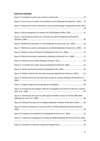 xiii
LISTA DE FIGURAS
Figura 1. Cronologia de sistemas de suporte à colaboração ...................................................... 15
Figura 2. Estrutura de um sistema de actividade humana (Adaptado de Engeström, 1987) ..... 32
Figura 3. Relação entre teorias individuais e sociais de aprendizagem (Adaptado de Stahl, 2011)
..................................................................................................................................................... 34
Figura 4. Natureza geográfica em sistemas de CSCW (Rodden & Blair, 1991) ........................... 41
Figura 5. Classificação de acordo com as funções de suporte (Adaptado de Borghoff &
Schlichter, 2000).......................................................................................................................... 48
Figura 6. Modelo de colaboração em trevo (Adaptado de Elmarzouqi et al., 2007).................. 50
Figura 7. Modelo para avaliar a percepção da actividade (Adaptado de Neale et al., 2004)..... 51
Figura 8. Diagrama cíclico do Modelo 3C (Adaptado de Fuks et al., 2005)................................. 52
Figura 9. Roda de ferramentas colaborativas (Adaptado de Weiseth et al., 2006).................... 57
Figura 10. Redes de comunicação (Adaptado de Shaw, 1971)................................................... 62
Figura 11. Circunflexo das tarefas de grupo (Adaptado de McGrath, 1984) .............................. 63
Figura 12. Quadro de pessoas/artefactos (Adaptado de Dix, 1994)........................................... 64
Figura 13. Modelo dinâmico de interacção em grupo (Adaptado de Andriessen, 2002)........... 65
Figura 14. Modelo teórico de formação da percepção da situação (Adaptado de Bolstad et al.,
2005) ........................................................................................................................................... 66
Figura 15. Diagrama lógico da metodologia de investigação ..................................................... 84
Figura 16. Variação da percentagem média de investigadores de CSCW em redes de co-autoria
(Horn et al., 2004) ....................................................................................................................... 87
Figura 17. Distribuição dos locais de publicação de trabalhos citados em CSCW (2000-2002)
(Adaptado de Horn et al., 2004).................................................................................................. 88
Figura 18. Evolução dos tipos de investigação (Adaptado de Wainer & Barsottini, 2007)......... 89
Figura 19. Rede de referências no campo de CSCL em 2003 (Adaptado de Kienle & Wessner,
2006) ........................................................................................................................................... 90
Figura 20. Estatísticas da conferência CHI (Adaptado de Henry et al., 2007)............................. 91
Figura 21. Tópicos de investigação da conferência CRIWG (Adaptado de Antunes & Pino, 2010)
..................................................................................................................................................... 93
Figura 22. Variações na média de citações do Google Scholar................................................... 96
 