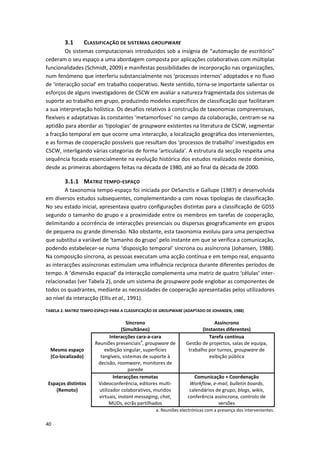 40
3.1 CLASSIFICAÇÃO DE SISTEMAS GROUPWARE
Os sistemas computacionais introduzidos sob a insígnia de “automação de escritório”
cederam o seu espaço a uma abordagem composta por aplicações colaborativas com múltiplas
funcionalidades (Schmidt, 2009) e manifestas possibilidades de incorporação nas organizações,
num fenómeno que interferiu substancialmente nos ‘processos internos’ adoptados e no fluxo
de ‘interacção social’ em trabalho cooperativo. Neste sentido, torna-se importante salientar os
esforços de alguns investigadores de CSCW em avaliar a natureza fragmentada dos sistemas de
suporte ao trabalho em grupo, produzindo modelos específicos de classificação que facilitaram
a sua interpretação holística. Os desafios relativos à construção de taxonomias compreensivas,
flexíveis e adaptativas às constantes ‘metamorfoses’ no campo da colaboração, centram-se na
aptidão para abordar as ‘tipologias’ de groupware existentes na literatura de CSCW, segmentar
a fracção temporal em que ocorre uma interacção, a localização geográfica dos intervenientes,
e as formas de cooperação possíveis que resultam dos ‘processos de trabalho’ investigados em
CSCW, interligando várias categorias de forma ‘articulada’. A estrutura da secção respeita uma
sequência focada essencialmente na evolução histórica dos estudos realizados neste domínio,
desde as primeiras abordagens feitas na década de 1980, até ao final da década de 2000.
3.1.1 MATRIZ TEMPO-ESPAÇO
A taxonomia tempo-espaço foi iniciada por DeSanctis e Gallupe (1987) e desenvolvida
em diversos estudos subsequentes, complementando-a com novas tipologias de classificação.
No seu estado inicial, apresentava quatro configurações distintas para a classificação de GDSS
segundo o tamanho do grupo e a proximidade entre os membros em tarefas de cooperação,
delimitando a ocorrência de interacções presenciais ou dispersas geograficamente em grupos
de pequena ou grande dimensão. Não obstante, esta taxonomia evoluiu para uma perspectiva
que substitui a variável de ‘tamanho do grupo’ pelo instante em que se verifica a comunicação,
podendo estabelecer-se numa ‘disposição temporal’ síncrona ou assíncrona (Johansen, 1988).
Na composição síncrona, as pessoas executam uma acção contínua e em tempo real, enquanto
as interacções assíncronas estimulam uma influência recíproca durante diferentes períodos de
tempo. A ‘dimensão espacial’ da interacção complementa uma matriz de quatro ‘células’ inter-
relacionadas (ver Tabela 2), onde um sistema de groupware pode englobar as componentes de
todos os quadrantes, mediante as necessidades de cooperação apresentadas pelos utilizadores
ao nível da interacção (Ellis et al., 1991).
TABELA 2. MATRIZ TEMPO-ESPAÇO PARA A CLASSIFICAÇÃO DE GROUPWARE (ADAPTADO DE JOHANSEN, 1988)
Síncrono
(Simultâneo)
Assíncrono
(Instantes diferentes)
Mesmo espaço
(Co-localizado)
Interacções cara-a-cara
Reuniões presenciais
a
, groupware de
exibição singular, superfícies
tangíveis, sistemas de suporte à
decisão, roomware, monitores de
parede
Tarefa contínua
Gestão de projectos, salas de equipa,
trabalho por turnos, groupware de
exibição pública
Espaços distintos
(Remoto)
Interacções remotas
Videoconferência, editores multi-
utilizador colaborativos, mundos
virtuais, instant messaging, chat,
MUDs, ecrãs partilhados
Comunicação + Coordenação
Workflow, e-mail, bulletin boards,
calendários de grupo, blogs, wikis,
conferência assíncrona, controlo de
versões
a. Reuniões electrónicas com a presença dos intervenientes.
 