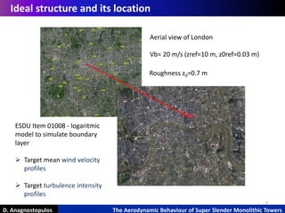 7
D. Anagnostopulos The Aerodynamic Behaviour of Super Slender Monolithic Towers
Ideal structure and its location
Aerial view of London
Vb= 20 m/s (zref=10 m, z0ref=0.03 m)
ESDU Item 01008 - logaritmic
model to simulate boundary
layer
 Target mean wind velocity
profiles
 Target turbulence intensity
profiles
Roughness z0=0.7 m
 