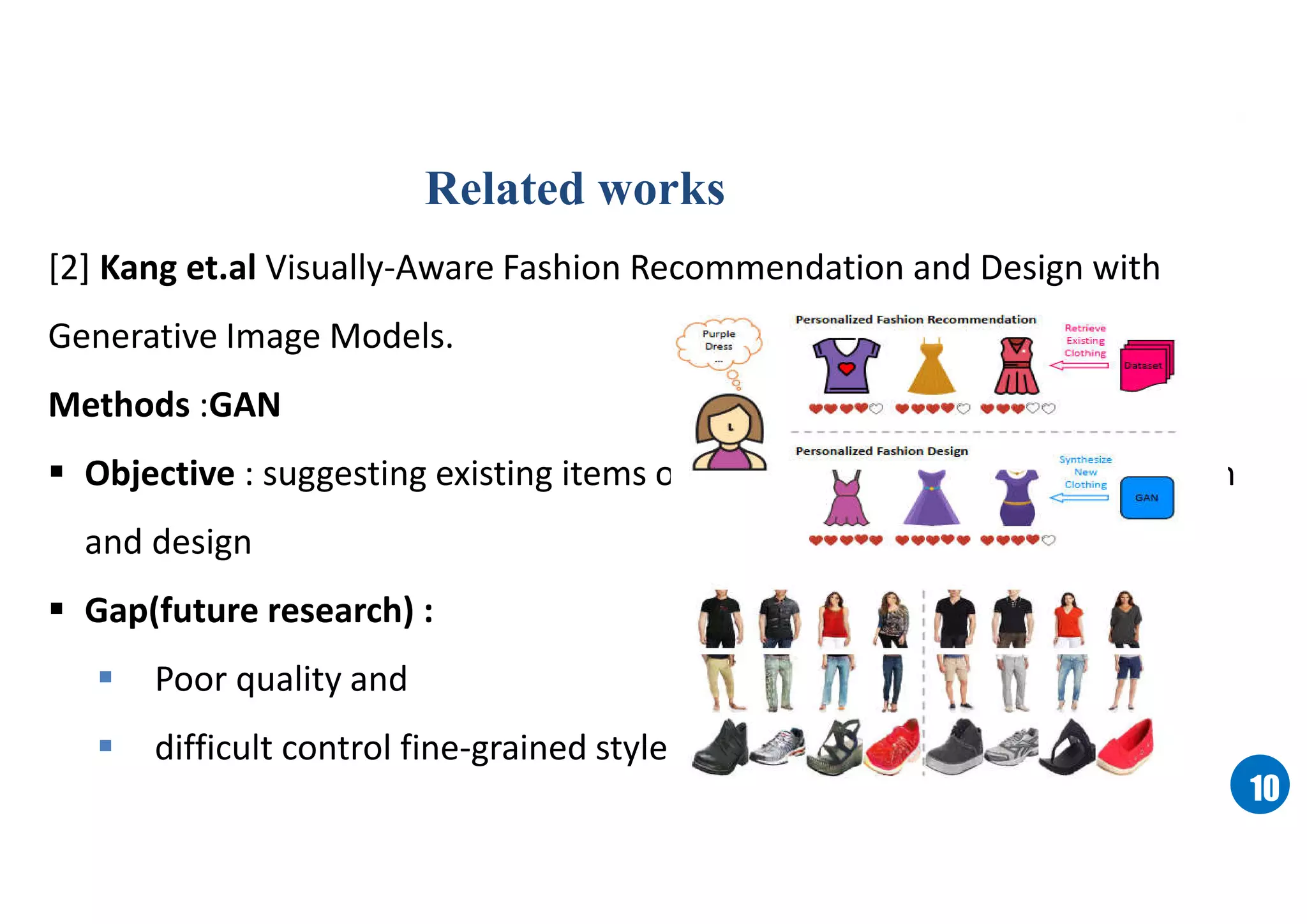 1010
[2] Kang et.al Visually-Aware Fashion Recommendation and Design with
Generative Image Models.
Methods :GAN
 Objective : suggesting existing items on fashion images for both prediction
and design
 Gap(future research) :
 Poor quality and
 difficult control fine-grained style
Related works
 