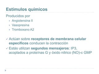 Estímulos químicos
Producidos por
 Angiotensina II
 Vasopresina
 Tromboxano A2
 Actúan sobre receptores de membrana celular
específicos conducen la contracción
 Estás utilizan segundos mensajeros: IP3,
acoplados a proteínas G y óxido nítrico (NO)-c GMP
 