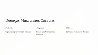 Doenças Musculares Comuns
Distrofias
Degeneração progressiva dos músculos.
Miopatias
Doenças que afetam as fibras
musculares.
Cãibras
Contrações involuntárias dolorosas.
 