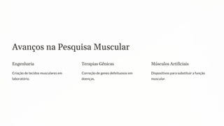 Avanços na Pesquisa Muscular
Engenharia
Criação de tecidos musculares em
laboratório.
Terapias Gênicas
Correção de genes defeituosos em
doenças.
Músculos Artificiais
Dispositivos para substituir a função
muscular.
 