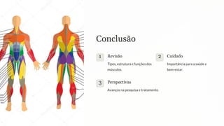 Conclusão
1 Revisão
Tipos, estrutura e funções dos
músculos.
2 Cuidado
Importância para a saúde e
bem-estar.
3 Perspectivas
Avanços na pesquisa e tratamento.
 