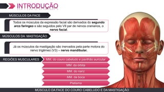 MÚSCULO DA FACE DO COURO CABELUDO E DA MASTIGAÇÃO
MÚSCULOS DA FACE
TEXTO EM ARIAL
Todos os músculos da expressão facial são derivados do segundo
arco faríngeo e são seguidos pelo VII par de nervos cranianos, o
nervo facial.
MÚSCULOS DA MASTIGAÇÃO
TEXTO EM ARIALJá os músculos da mastigação são inervados pela parte motora do
nervo trigêmeo (V3) – nervo mandibular.
REGIÕES MUSCULARES MM. do couro cabeludo e pavilhão auricular
MM. da órbita
MM. da boca
MM. do nariz
Platisma
 