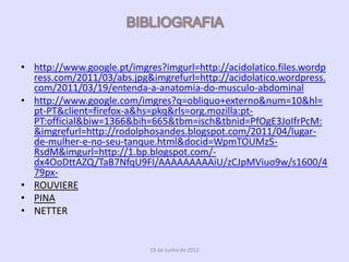 • http://www.google.pt/imgres?imgurl=http://acidolatico.files.wordp
  ress.com/2011/03/abs.jpg&imgrefurl=http://acidolatico.wordpress.
  com/2011/03/19/entenda-a-anatomia-do-musculo-abdominal
• http://www.google.com/imgres?q=obliquo+externo&num=10&hl=
  pt-PT&client=firefox-a&hs=pkq&rls=org.mozilla:pt-
  PT:official&biw=1366&bih=665&tbm=isch&tbnid=PfOgE3JoIfrPcM:
  &imgrefurl=http://rodolphosandes.blogspot.com/2011/04/lugar-
  de-mulher-e-no-seu-tanque.html&docid=WpmTOUMz5-
  RsdM&imgurl=http://1.bp.blogspot.com/-
  dx4OoDttAZQ/TaB7NfqU9FI/AAAAAAAAAiU/zCJpMViuo9w/s1600/4
  79px-
• ROUVIERE
• PINA
• NETTER


                            19 de Junho de 2012
 