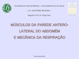 Faculdade de Ciências Médicas – Universidade Nova de Lisboa
              – U.C. ANATOMIA REGIONAL –
                Regente: Prof. Dr. Diogo Pais




                       19 de Junho de 2012
 