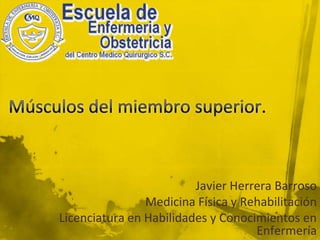 Músculos del miembro superior. Javier Herrera Barroso Medicina Física y Rehabilitación Licenciatura en Habilidades y Conocimientos en Enfermería  