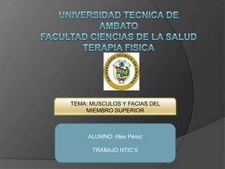 TEMA: MUSCULOS Y FACIAS DEL
    MIEMBRO SUPERIOR



     ALUMNO: Alex Pérez

      TRABAJO NTIC’S
 