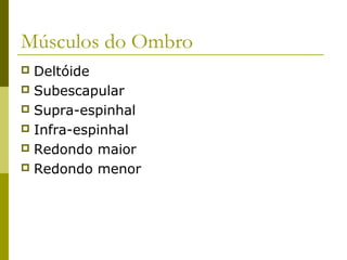 Músculos do Ombro
 Deltóide
 Subescapular
 Supra-espinhal
 Infra-espinhal
 Redondo maior
 Redondo menor
 
