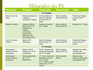 Músculos do Pé
Músculo           Origem               Inserção             Inervação         Ação
                                          3ª Camada
Flexor curto do   Faces plantares do   Os dois lados da     Nervo plantar     Flexão da falange
hálux             cubóide e            base da falange      medial (S2,S3)    proximal do 1º
                  cuneiforme lateral   proximal do 1º                         dedo
                                       dedo
Adutor do hálux   Cabeça oblíqua:      Falange proximal     Nervo plantar     Adução do 1º dedo
                  Bases do 2º-4º       do 1º dedo           lateral (S2,S3)
                  metatarsos;
                  Cabeça
                  transversa:
                  Ligamentos
                  plantares das
                  articulações MTF
Flexor do dedo    Base do 5º           Base da falange      Nervo plantar     Flexão da falange
mínimo            metatarso            proximal do 5º       lateral (S2,S3)   proximal do 5º
                                       dedo                                   dedo)
                                          4ª Camada
Interósseos       Bases e faces        Faces mediais das    Nervo plantar     Adução dos dedos
plantares (Três   mediais do 3º-5º     bases das falanges   lateral (S2,S3)   e flexão das
músculos)         metatarsos           do 3º-5º dedo                          articulações MTF
Interósseos       Faces adjacentes     1º: Face medial da   Nervo plantar     Abdução dos
dorsais (quatro   do 1º-5º             falange proximal     lateral           dedos e flexão das
músculos)         metatarsos           do 2º dedo                             articulações MTF
                                       2º-4º dedos: faces
                                       laterais do 2º-4º
                                       dedos
 