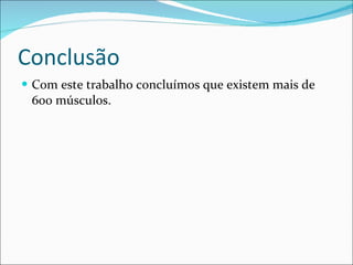 Conclusão Com este trabalho concluímos que existem mais de 600 músculos. 