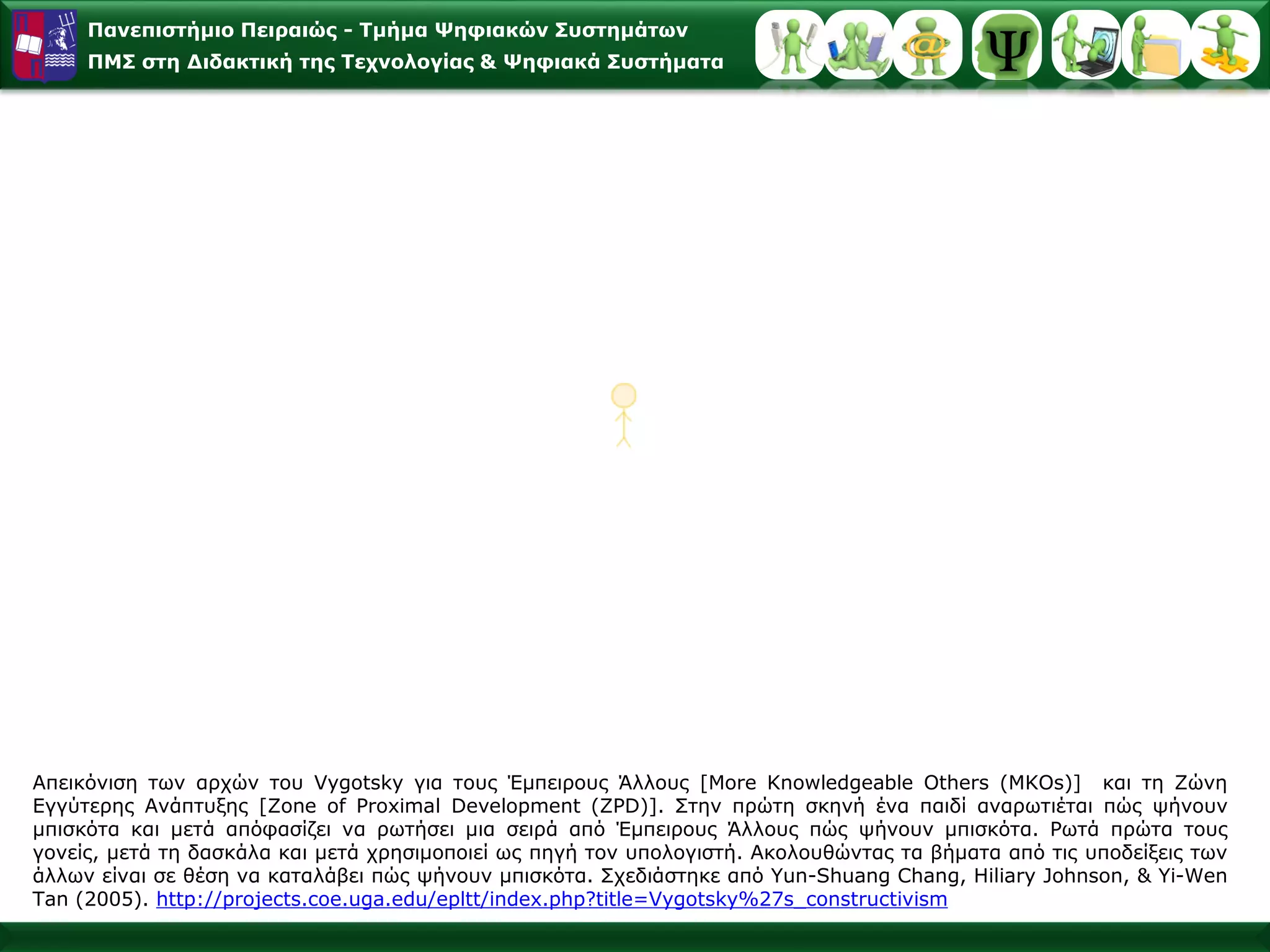 Πανεπιστήμιο Πειραιώς -Τμήμα Ψηφιακών Συστημάτων 
ΠΜΣ στη Διδακτική της Τεχνολογίας & Ψηφιακά Συστήματα 
ΑπεικόνισητωναρχώντουVygotskyγιατουςΈμπειρουςΆλλους[MoreKnowledgeableOthers(MKOs)]καιτηΖώνηΕγγύτερηςΑνάπτυξης[ZoneofProximalDevelopment(ZPD)].ΣτηνπρώτησκηνήέναπαιδίαναρωτιέταιπώςψήνουνμπισκότακαιμετάαπόφασίζειναρωτήσειμιασειράαπόΈμπειρουςΆλλουςπώςψήνουνμπισκότα.Ρωτάπρώτατουςγονείς,μετάτηδασκάλακαιμετάχρησιμοποιείωςπηγήτονυπολογιστή.Ακολουθώνταςταβήματααπότιςυποδείξειςτωνάλλωνείναισεθέσηνακαταλάβειπώςψήνουνμπισκότα.ΣχεδιάστηκεαπόYun-ShuangChang,HiliaryJohnson,&Yi-WenTan(2005).http://projects.coe.uga.edu/epltt/index.php?title=Vygotsky%27s_constructivism  