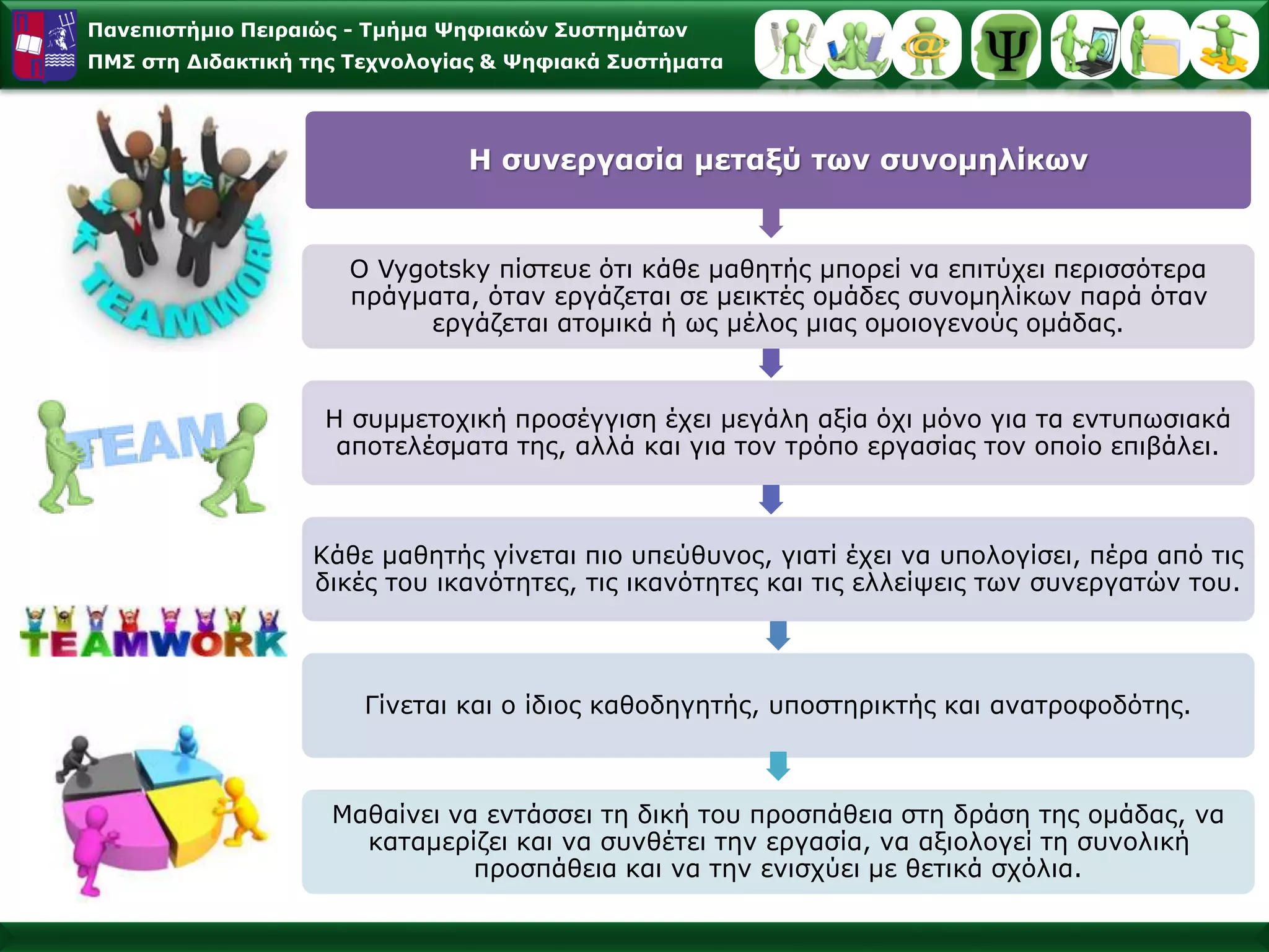 Πανεπιστήμιο Πειραιώς -Τμήμα Ψηφιακών Συστημάτων 
ΠΜΣ στη Διδακτική της Τεχνολογίας & Ψηφιακά ΣυστήματαΗ συνεργασία μεταξύ των συνομηλίκων 
Ο Vygotskyπίστευε ότι κάθε μαθητής μπορεί να επιτύχει περισσότερα πράγματα, όταν εργάζεται σε μεικτές ομάδες συνομηλίκων παρά όταν εργάζεται ατομικά ή ως μέλος μιας ομοιογενούς ομάδας. 
Η συμμετοχική προσέγγιση έχει μεγάλη αξία όχι μόνο για τα εντυπωσιακά αποτελέσματα της, αλλά και για τον τρόπο εργασίας τον οποίο επιβάλει. 
Κάθε μαθητής γίνεται πιο υπεύθυνος, γιατί έχει να υπολογίσει, πέρα από τις δικές του ικανότητες, τις ικανότητες και τις ελλείψεις των συνεργατών του. 
Γίνεται και ο ίδιος καθοδηγητής, υποστηρικτής και ανατροφοδότης. 
Μαθαίνει να εντάσσει τη δική του προσπάθεια στη δράση της ομάδας, να καταμερίζει και να συνθέτει την εργασία, να αξιολογεί τη συνολική προσπάθεια και να την ενισχύει με θετικά σχόλια.  