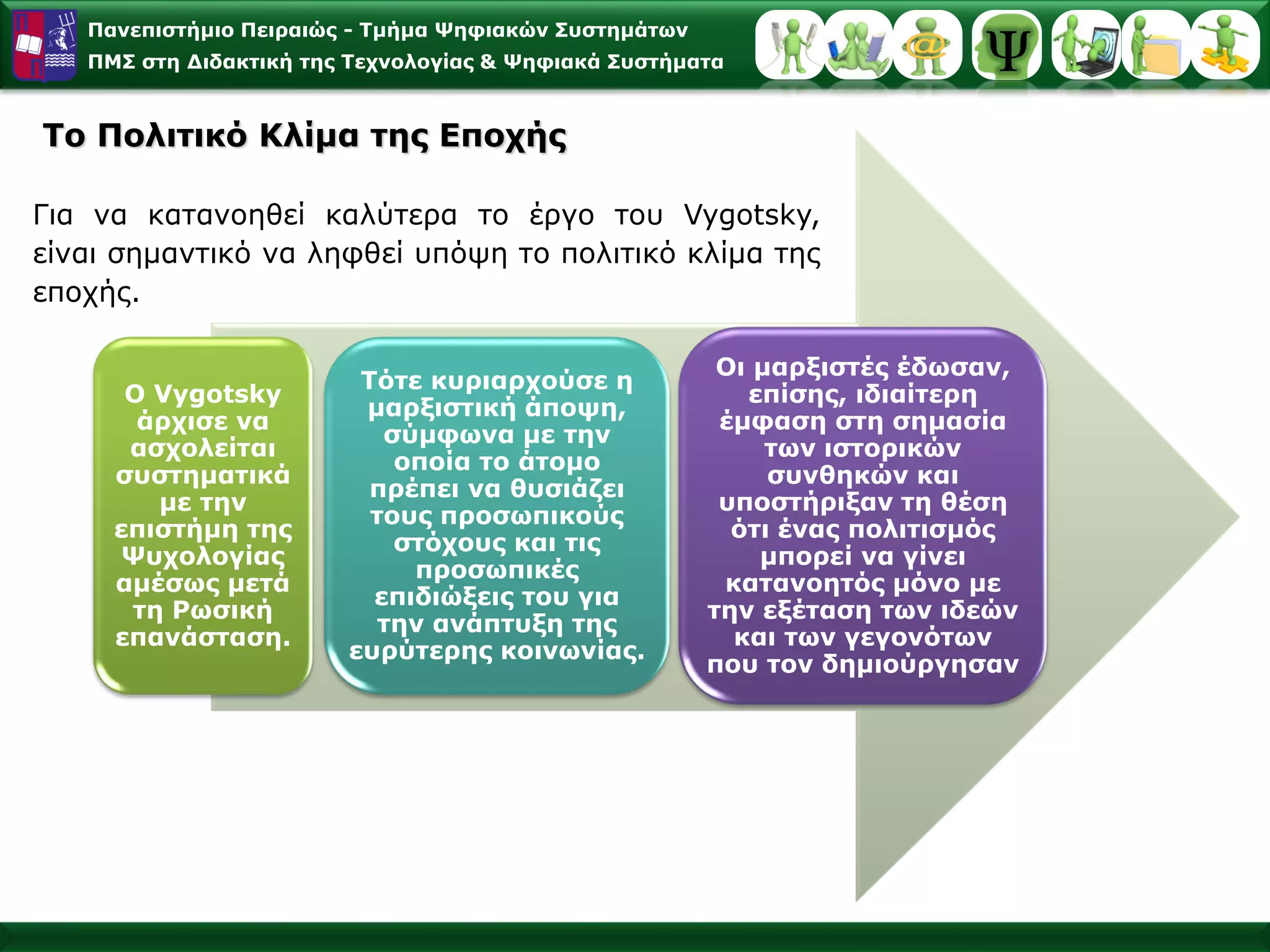 Πανεπιστήμιο Πειραιώς -Τμήμα Ψηφιακών Συστημάτων 
ΠΜΣ στη Διδακτική της Τεχνολογίας & Ψηφιακά Συστήματα 
ΟVygotskyάρχισεναασχολείταισυστηματικάμετηνεπιστήμητηςΨυχολογίαςαμέσωςμετάτηΡωσικήεπανάσταση. 
Τότε κυριαρχούσεημαρξιστικήάποψη, σύμφωναμετην οποίατοάτομοπρέπειναθυσιάζειτουςπροσωπικούςστόχουςκαιτις προσωπικέςεπιδιώξειςτουγιατηνανάπτυξητηςευρύτερηςκοινωνίας. 
Οι μαρξιστέςέδωσαν, επίσης, ιδιαίτερηέμφασηστησημασίατωνιστορικών συνθηκώνκαιυποστήριξαντηθέσηότιέναςπολιτισμόςμπορείναγίνεικατανοητόςμόνομετηνεξέτασητωνιδεώνκαιτωνγεγονότωνπουτονδημιούργησαν 
ΓιανακατανοηθείκαλύτερατοέργοτουVygotsky, είναισημαντικόναληφθείυπόψητοπολιτικόκλίματηςεποχής. ΤοΠολιτικό Κλίμα της Εποχής  