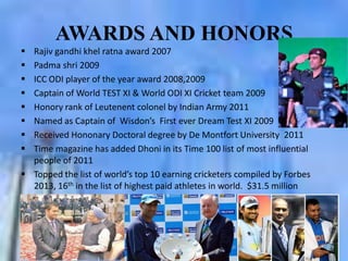 AWARDS AND HONORS









Rajiv gandhi khel ratna award 2007
Padma shri 2009
ICC ODI player of the year award 2008,2009
Captain of World TEST XI & World ODI XI Cricket team 2009
Honory rank of Leutenent colonel by Indian Army 2011
Named as Captain of Wisdon’s First ever Dream Test XI 2009
Received Hononary Doctoral degree by De Montfort University 2011
Time magazine has added Dhoni in its Time 100 list of most influential
people of 2011
 Topped the list of world’s top 10 earning cricketers compiled by Forbes
2013, 16th in the list of highest paid athletes in world. $31.5 million
 .

 