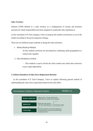 14
Sales Territory
Johnson (1994) defined as a sales territory as a configuration of current and potential
accounts for which responsibility has been assigned to a particular sales reprehensive.
As the consultant of Z Tech company, I have to propose the number of territories to cover the
market according to the given expansion strategy.
There are two different major methods in design the sales territories.
1. Market Build-up Method
-In this method, territories are developed by combining small geographical or
control units together.
2. Sales Breakdown method
- This method is used to divide the entire market into small sales territories
to give equal opportunity
1.3.2Interrelatedness of Sales force Deployment Decision
As the consultant of Z Tech Company, I have to explain following general method of
understanding the sales force requirement based on the total effort.
 