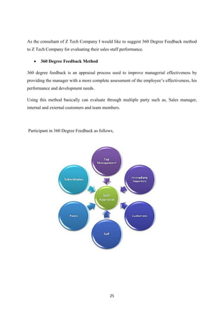 25
As the consultant of Z Tech Company I would like to suggest 360 Degree Feedback method
to Z Tech Company for evaluating their sales staff performance.
 360 Degree Feedback Method
360 degree feedback is an appraisal process used to improve managerial effectiveness by
providing the manager with a more complete assessment of the employee’s effectiveness, his
performance and development needs.
Using this method basically can evaluate through multiple party such as, Sales manager,
internal and external customers and team members.
Participant in 360 Degree Feedback as follows,
 