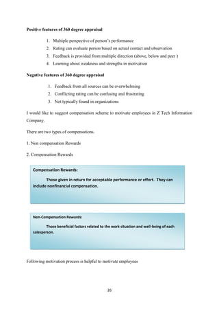 26
Positive features of 360 degree appraisal
1. Multiple perspective of person’s performance
2. Rating can evaluate person based on actual contact and observation
3. Feedback is provided from multiple direction (above, below and peer )
4. Learning about weakness and strengths in motivation
Negative features of 360 degree appraisal
1. Feedback from all sources can be overwhelming
2. Conflicting rating can be confusing and frustrating
3. Not typically found in organizations
I would like to suggest compensation scheme to motivate employees in Z Tech Information
Company.
There are two types of compensations.
1. Non compensation Rewards
2. Compensation Rewards
Following motivation process is helpful to motivate employees
Compensation Rewards:
Those given in return for acceptable performance or effort. They can
include nonfinancial compensation.
Non-Compensation Rewards:
Those beneficial factors related to the work situation and well-being of each
salesperson.
 