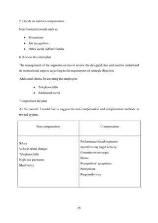 29
5. Decide on indirect compensation
Non financial rewards such as
 Promotions
 Job recognition
 Other social indirect factors
6. Review the entire plan
The management of the organization has to review the designed plan and need to understand
its motivational aspects according to the requirement of strategic direction.
Additional claims for covering the employees
 Telephone bills
 Additional barter
7. Implement the plan
As the consult, I would like to suggest the non compensation and compensation methods in
reward system.
Non compensation Compensation
Salary
Vehicle rental charges
Telephone bills
Night out payments
Meal barter
Performance based payments
Incentives for target achieve
Commission on target
Bonus
Recognition/ acceptance
Promotions
Responsibilities
 