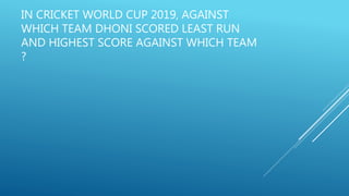 IN CRICKET WORLD CUP 2019, AGAINST
WHICH TEAM DHONI SCORED LEAST RUN
AND HIGHEST SCORE AGAINST WHICH TEAM
?
 