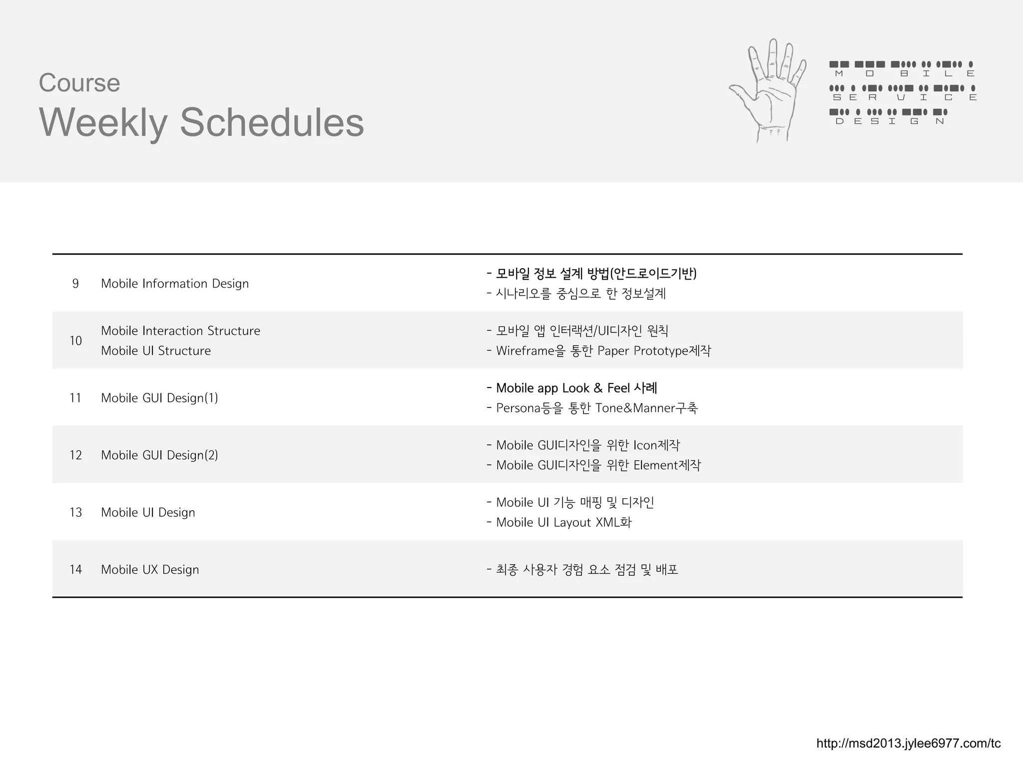 Mobile
Course                                                                     Service
                                                                           Design
Weekly Schedules


                                      - 모바일 정보 설계 방법(안드로이드기반)
  9    Mobile Information Design
                                      - 시나리오를 중심으로 한 정보설계

       Mobile Interaction Structure   - 모바일 앱 인터랙션/UI디자인 원칙
  10
       Mobile UI Structure            - Wireframe을 통한 Paper Prototype제작

                                      - Mobile app Look & Feel 사례
  11   Mobile GUI Design(1)
                                      - Persona등을 통한 Tone&Manner구축

                                      - Mobile GUI디자인을 위한 Icon제작
  12   Mobile GUI Design(2)
                                      - Mobile GUI디자인을 위한 Element제작

                                      - Mobile UI 기능 매핑 및 디자인
  13   Mobile UI Design
                                      - Mobile UI Layout XML화


  14   Mobile UX Design               - 최종 사용자 경험 요소 점검 및 배포




                                                                          http://msd2013.jylee6977.com/tc
 