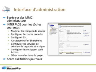 Interface d'administrationBasée sur des MMC administrateurINTERFACE pour les tâches courantesModifier les comptes de serviceConfigurer la couche donnéesConfigurer SSLAjouter/modifier SharePointConfigurer les services de création de rapports et analyseConfigurer Team System Web Access.Gérer les collections de projetAccès aux fichiers journaux