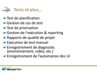 Tests et plus…Test de planificationGestion de cas de testTest de priorisationGestion de l'exécution & reportingRapports de qualité de projetExécution de test manuelEnregistrement de diagnostic (environnement, vidéo, etc.)Enregistrement de l’automation des UI