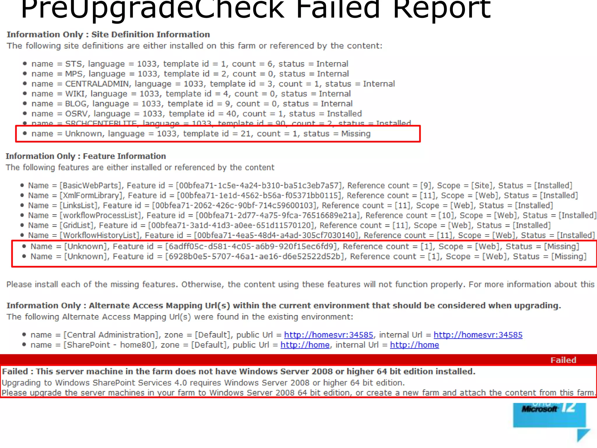 PreUpgradeCheck Failed Report
 
