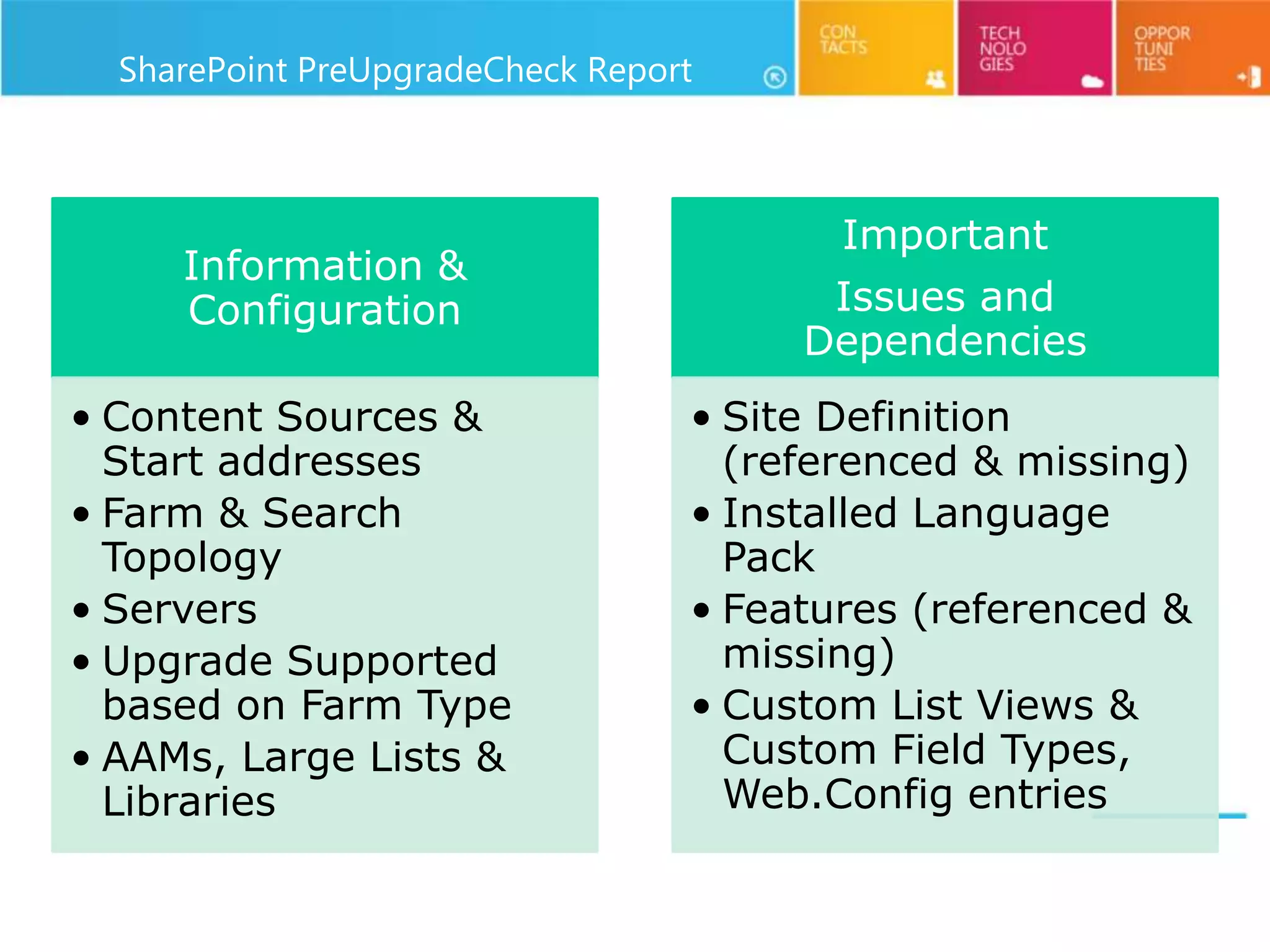 SharePoint PreUpgradeCheck Report



                                         Important
     Information &
     Configuration                      Issues and
                                       Dependencies
• Content Sources &               • Site Definition
  Start addresses                   (referenced & missing)
• Farm & Search                   • Installed Language
  Topology                          Pack
• Servers                         • Features (referenced &
• Upgrade Supported                 missing)
  based on Farm Type              • Custom List Views &
• AAMs, Large Lists &               Custom Field Types,
  Libraries                         Web.Config entries
 
