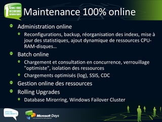 Maintenance 100% online Administration online R econfigurations, backup, réorganisation des indexs, mise à jour des statistiques, ajout dynamique de ressources CPU-RAM-disques… Batch online C hargement et consultation en concurrence, verrouillage "optimiste", isolation des ressources C hargements optimisés (log), SSIS, CDC Gestion online des ressources Rolling Upgrades Database Mirorring, Windows Failover Cluster 