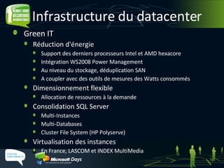 Infrastructure  du datacenter Green IT Réduction d'énergie S upport des derniers processeurs Intel et AMD hexacore Intégration WS2008 Power Management Au niveau du stockage, déduplication SAN A coupler avec des outils de mesures des Watts consommés Dimensionnement flexible Allocation  de ressources  à la demande Consolidation SQL Server Multi-Instances Multi-Databases Cluster File System (HP Polyserve) Virtualisation des instances En France, LASCOM et INDEX MultiMedia 