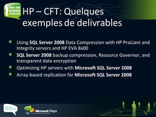 HP – CFT: Quelques exemples de delivrables Using  SQL Server 2008  Data Compression with HP ProLiant and Integrity servers and HP EVA 8x00 SQL Server 2008  backup compression, Resource Governor, and transparent data encryption Optimizing HP servers with  Microsoft SQL Server 2008 Array-based replication for  Microsoft SQL Server 2008 