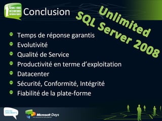 Conclusion Temps de réponse garantis Evolutivité Qualité de Service Productivité en terme d’exploitation Datacenter Sécurité, Conformité, Intégrité Fiabilité de la plate-forme 