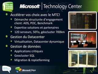 Accélérer vos choix avec le MTC! Démarche structurée d’engagement client: ADS, POC, Benchmark Expertise solutions et partenaires 120 serveurs, 50To, géocluster 700km Gestion du Datacenter Virtualisation, Datacenter dynamique Gestion de données Applications critiques Geocluster SQL Migration & replatforming 