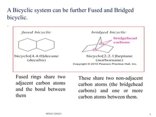4
These share two non-adjacent
carbon atoms (the bridgehead
carbons) and one or more
carbon atoms between them.
Fused rings share two
adjacent carbon atoms
and the bond between
them
MISHU SINGH
 