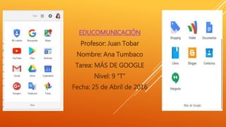 EDUCOMUNICACIÓN
Profesor: Juan Tobar
Nombre: Ana Tumbaco
Tarea: MÁS DE GOOGLE
Nivel: 9 “T”
Fecha: 25 de Abril de 2016
 